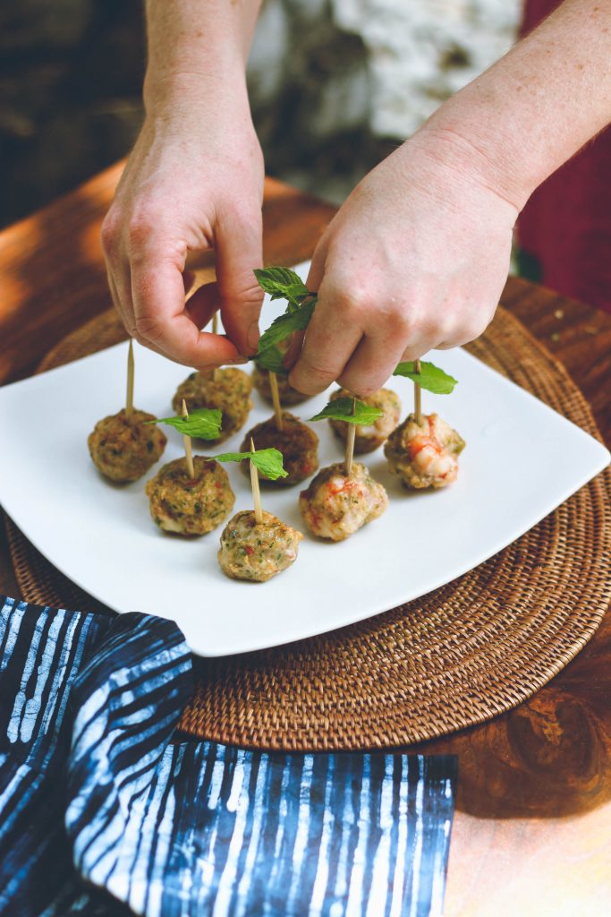 Prawn Balls Plating  Toothpicks with Mint