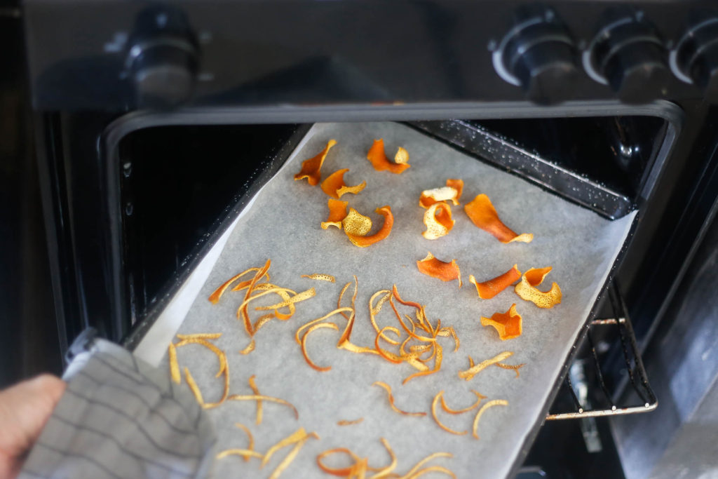 Dried orange peel coming out of the oven