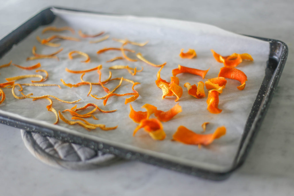 Dried orange peel coming out of the oven